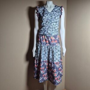 Handmade Floral 2 Piece Skirt Set V-Neck Ruffle Top Tiered Midi Skirt Blue Coral
